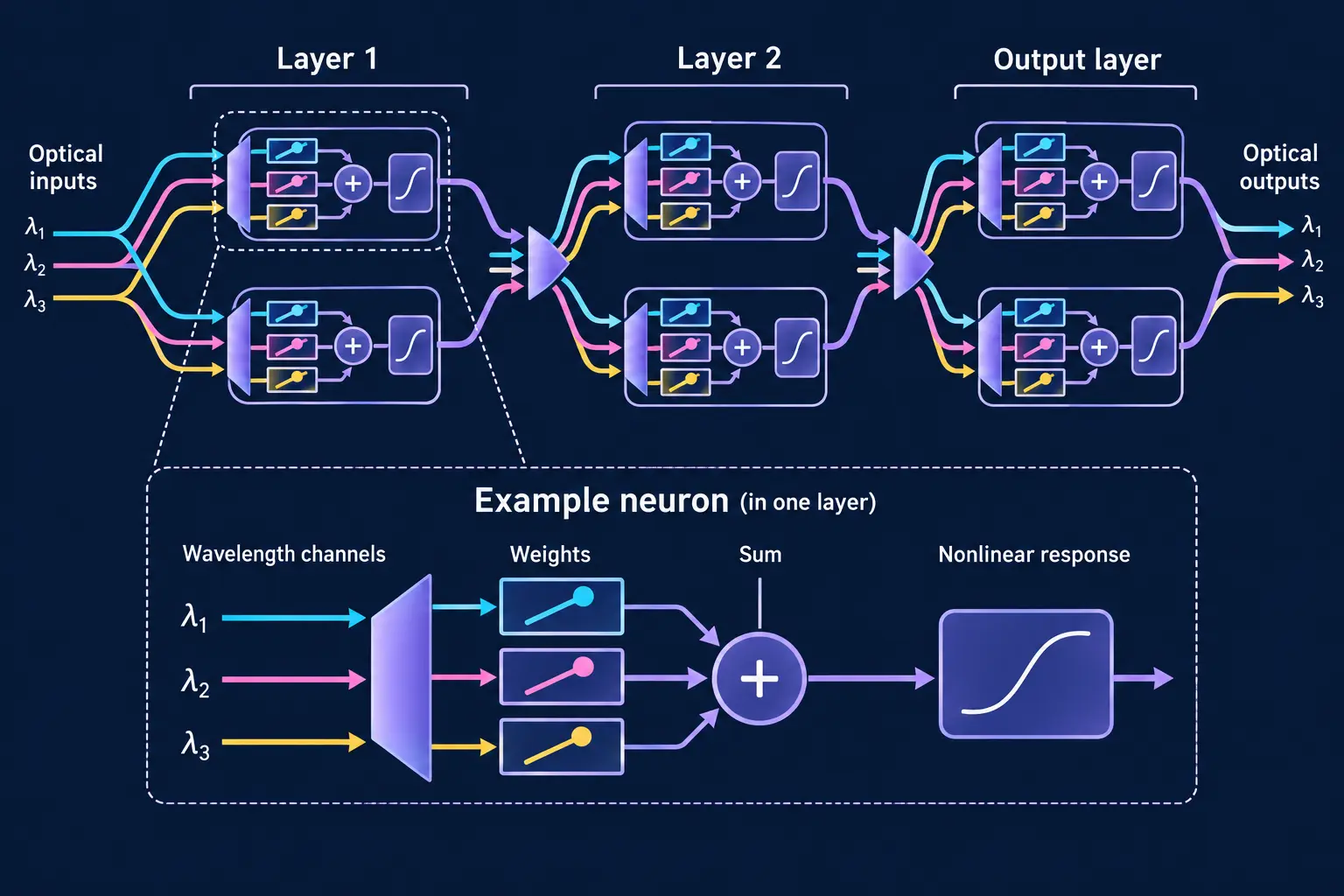 Simplified multilayer photonic network with wavelength channels passing through weights, summation and nonlinear stages, and optical fan-out connecting successive layers.